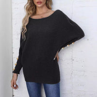 Women's Pearl Button Batwing Sleeve Off-neck Loose Sweater