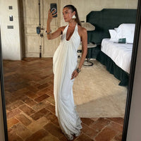 Summer New Sexy Loose Backless Sleeveless V-Neck Pleated Long Halter Mesh Dress