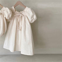 Girls Bow Bubble Sleeve Floral Square Neck Dress