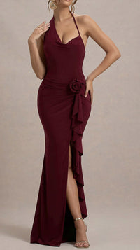 Sexy Asymmetrical Halterneck Three-Dimensional Floral Slim-Fit Split Evening Gown