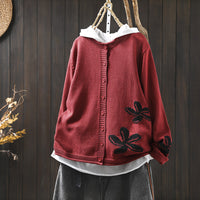 Women's Loose Retro Flower Contrasting Cotton Knit Cardigan