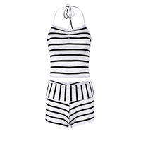 Stylish Striped Cutout Midriff-Baring Backless Bandage Wrap Top And Bottom Set