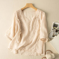 Relaxed Artistic And Retro Three-quarter Sleeves