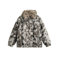 Faux Fur Collar Cotton-padded Coat Men's Tie-dyed Distressed Coat