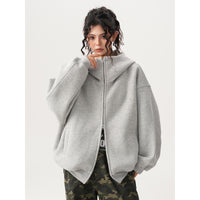 Womens Relaxed-fit American-style Hooded Cardigan With A Stand-up Collar