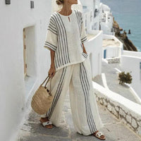 Round Neck Striped Short Sleeve Cotton And Linen Top Casual Pants Women's 2-piece Set