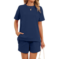 Crew-neck Slit Loose-fitting Top T-shirt With Pockets And Drawstring Shorts