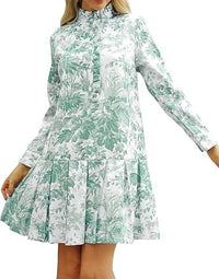 Elegant Floral Ruffled Pleated Long-Sleeve Dress