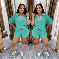 Mid-sleeve V-neck Striped Knit Top And High-waisted Shorts Set