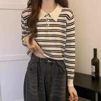 Womens Black And White Striped Lapel Long-Sleeve Knit Sweater