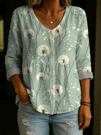 Women's Floral 3D Printed Ladies' Henley Shirt