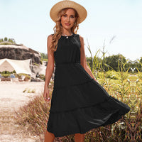 Simple Solid-Color Pleated Ruffle-Trimmed Sleeveless Dress