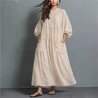 Solid-color Casual Cotton-linen Pocket Dress