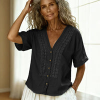 Loose-fit Faux Linen Embroidered Button-up Top