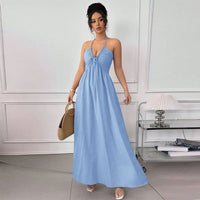 Blue Halter Neck Open Back Waist-cinching Slimming Beach Vacation Maxi Dress