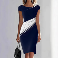 Elegant Black-and-white Contrast Long-sleeve Slim-fit Midi Dress