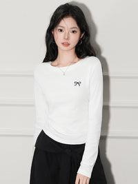 Regular Shoulder Round Neck Pleated Embroidery Long Sleeve Base Shirt