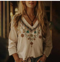 Womens Digital-Print V-Neck Long-Sleeve Casual T-Shirt
