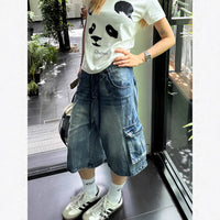 American-style Washed Loose-fit Multi-pocket Denim Capri Pants