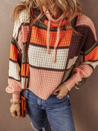 Women's Casual Waffle Color Matching Long Sleeve Drawstring Stand Collar Sweater