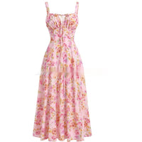 European And American Womens New Arrival Floral Print Square-Neck Sexy Slit Maxi Spring Dress