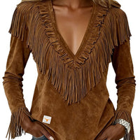 Tasseled Suede V-Neck Fashionable Slim-Fit Womens Blouse