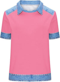 Denim Patchwork Crew Neck Short-sleeve Loose Casual Everyday Versatile