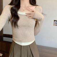 Pure Desire Style Long Sleeve Color-blocking U-neck Irregular Inner Top