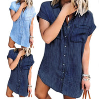 Women's Short-sleeved Distressed Denim Buckle Casual Shirt
