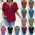 Solid-color Plus-size Top With Zipper Short Sleeves And Faux Pockets