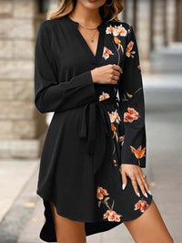Fashionable V-Neck Floral Print Long-Sleeve Lace-Up Dress