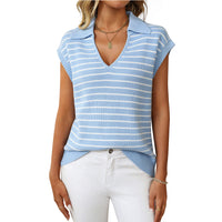 Women's V-neck Knitted Top Casual Striped Collar Sweater