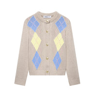 Diamond Pattern Contrast Color Round Neck Long Sleeve Knitted Coat