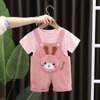 Summer New Boys' And Girls' Striped Round Neck Short Sleeve Suit Animal Suspender Pants Two-piece Suit