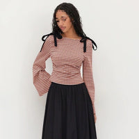 Bow Pleated Design Flare Plaid Slim-fit Long Sleeve Shirt For Women