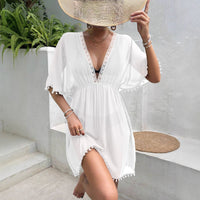 Beach-Style Cover-Up Blouse Lace-Patchwork Waist-Cinched V-Neck Dress
