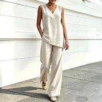 Womens V-neck Sleeveless Cotton-Linen Top And Wide-Leg Pants Set