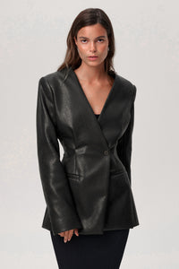 Fashionable Elegant Green V-neck Slim Suit Leather Coat