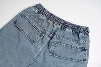 Washed Distressed Multi-pocket Elastic Waist Denim Shorts