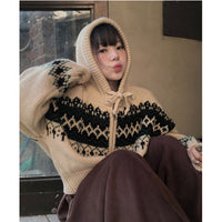 European Style Contrast Color Fair Island Jacquard Loose-fitting Long Sleeve Hoodie Sweater Coat