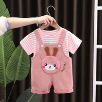 Summer New Boys' And Girls' Striped Round Neck Short Sleeve Suit Animal Suspender Pants Two-piece Suit