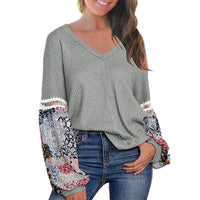 New European And American Autumn And Winter V-neck Waffle Loose Printed Long-sleeved T-shirt