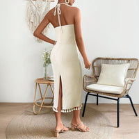 Womens Solid-Color Fashion Tassel Halterneck Lace-Up Dress
