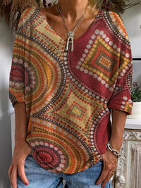 Womens Loose-fitting Geometric-print V-neck Long-sleeve Top