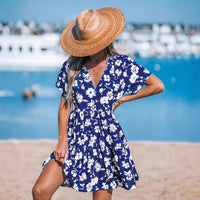 Resort-style Floral-print V-neck Short Sleeve Dress
