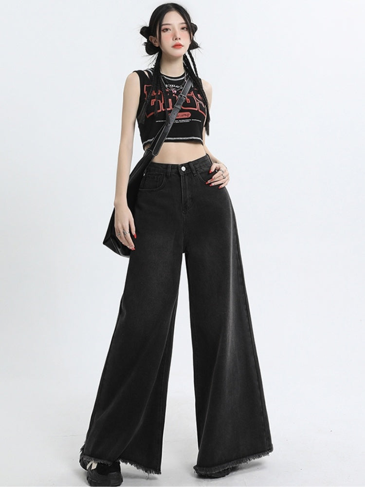 Black And Gray Rough-edge Wide-leg Shorts Mop Jeans