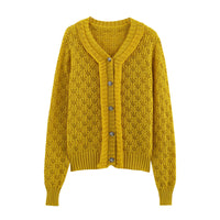 Lemon Yellow Ruffled Hollow-out Short Knitted Cardigan