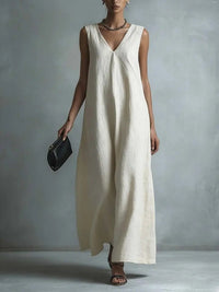 Women's Casual V-Neck Sleeveless Cotton-Linen Dress