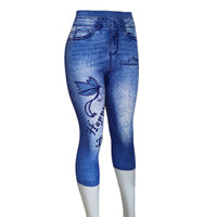 Printed Imitation Denim Cropped Trousers High Elasticity Hip Leggings