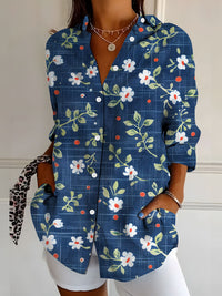 Womens Retro, Elegant Floral Print Long-Sleeve Shirt